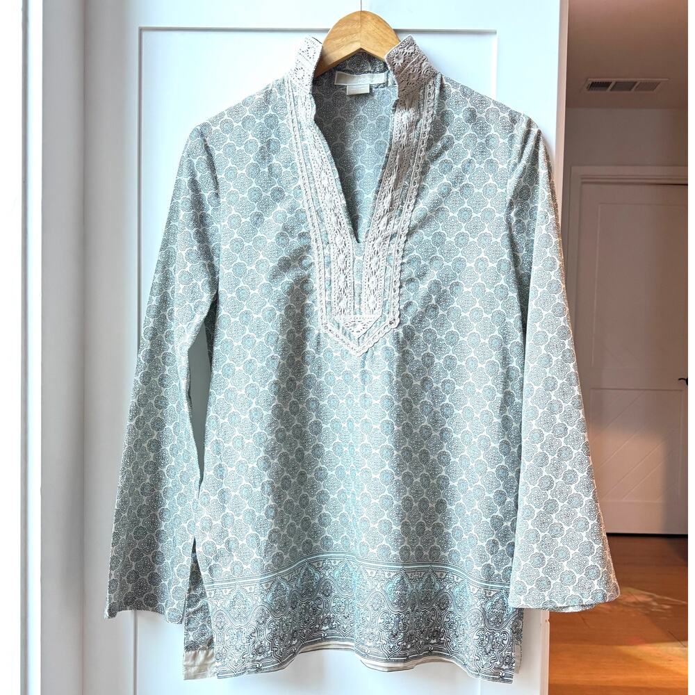 Michael Kors Cotton Tunic Top S Boho Medallion Print Lace Bib Long Sleeve